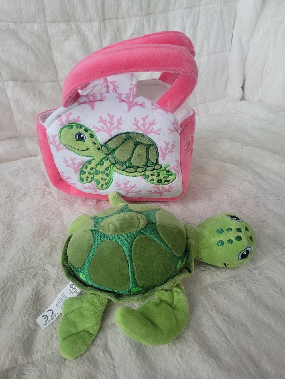 The Petting Green Plush Sea Turtle Toy with Pink Carry Bag - Kids Stuffed Animal